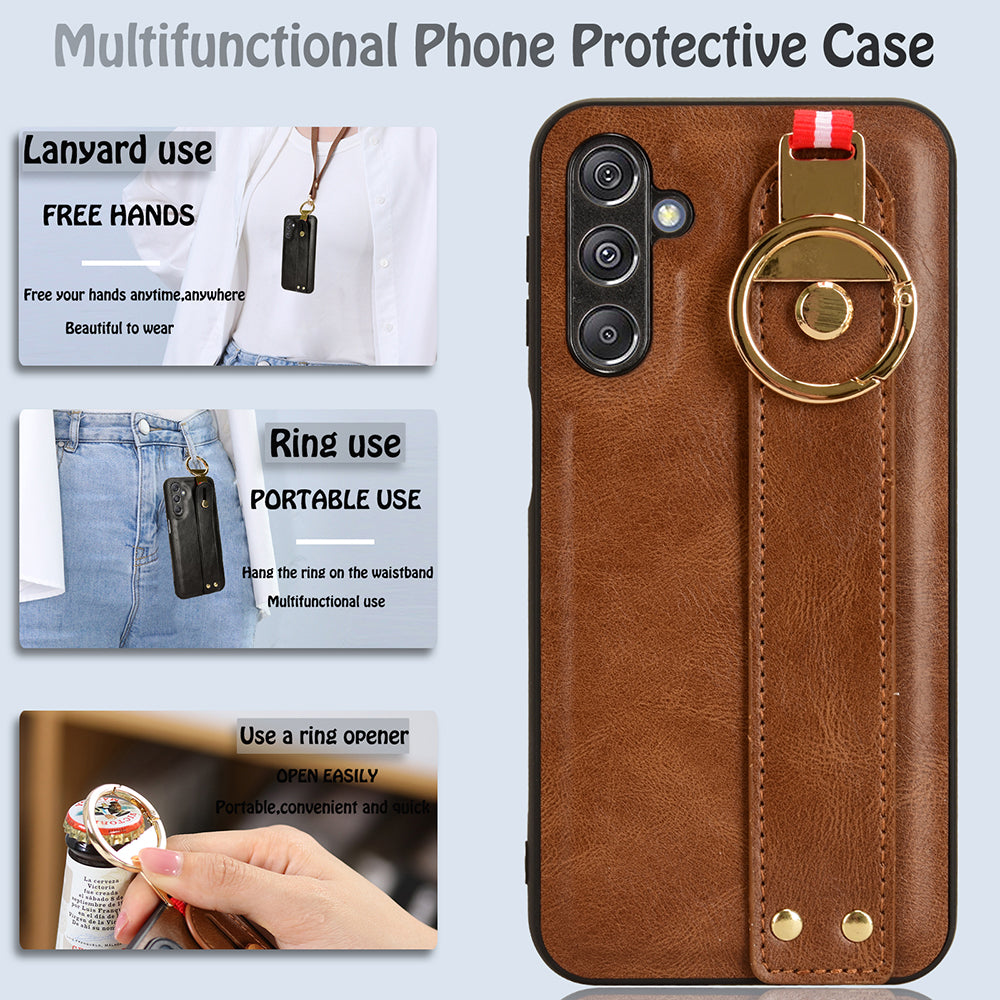 For Samsung Galaxy M34 5G / F34 5G Phone Case Wristband Kickstand Bottle Opener Leather+PC+TPU Cover - Brown