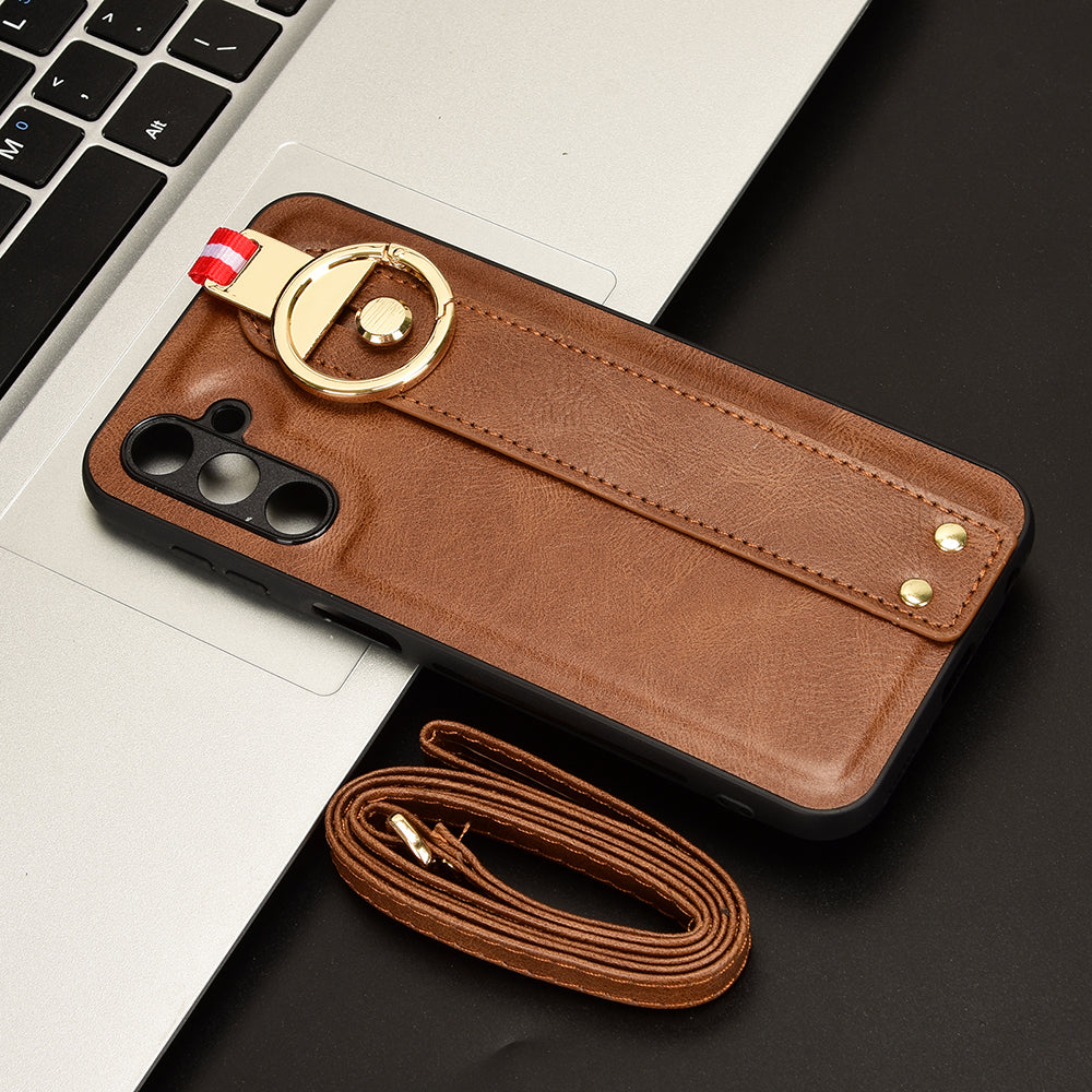 For Samsung Galaxy M34 5G / F34 5G Phone Case Wristband Kickstand Bottle Opener Leather+PC+TPU Cover - Brown