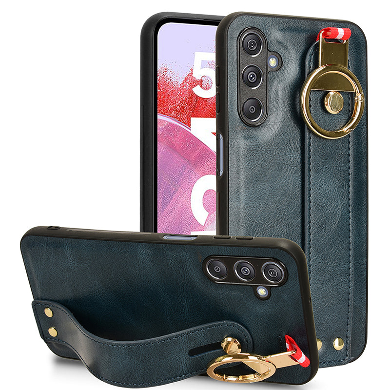 For Samsung Galaxy M34 5G / F34 5G Phone Case Wristband Kickstand Bottle Opener Leather+PC+TPU Cover - Blue
