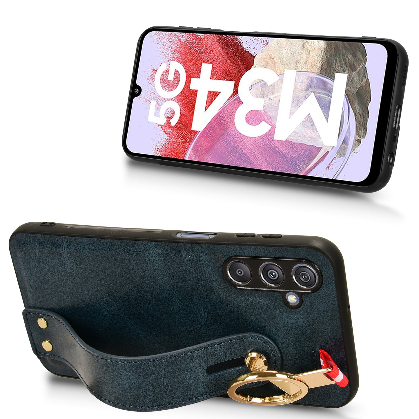 For Samsung Galaxy M34 5G / F34 5G Phone Case Wristband Kickstand Bottle Opener Leather+PC+TPU Cover - Blue