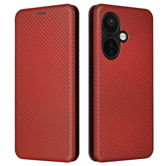 For OnePlus Nord CE3 5G Mobile Phone Case Card Holder Leather Stand Carbon Fiber Texture Cover - Brown