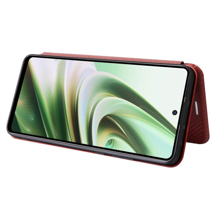 For OnePlus Nord CE3 5G Mobile Phone Case Card Holder Leather Stand Carbon Fiber Texture Cover - Brown