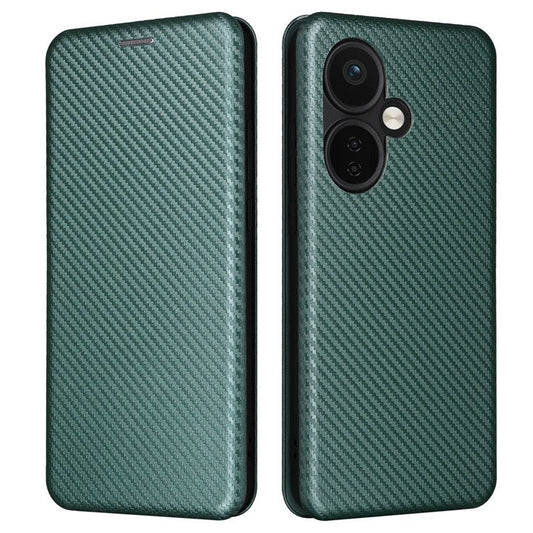For OnePlus Nord CE3 5G Mobile Phone Case Card Holder Leather Stand Carbon Fiber Texture Cover - Green