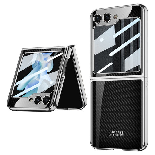 GKK Pattern Printing Hard PC Case for Samsung Galaxy Z Flip5 5G Anti-Drop Phone Shell Built-In Tempered Glass Film - Carbon Fiber