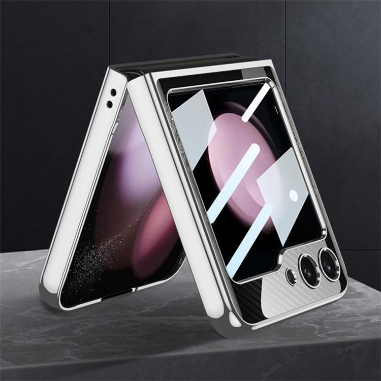 GKK Pattern Printing Hard PC Case for Samsung Galaxy Z Flip5 5G Anti-Drop Phone Shell Built-In Tempered Glass Film - Carbon Fiber