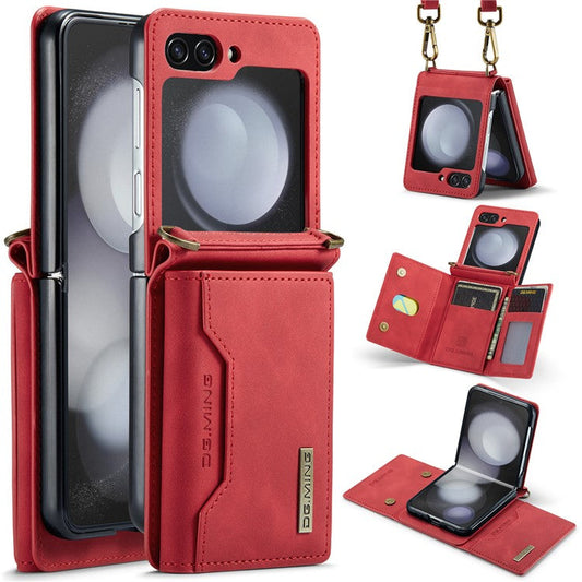 DG.MING M2 Series for Samsung Galaxy Z Flip5 5G  Leather Coated+PC Phone Case Magnetic Kickstand Cover Card Holder - Red