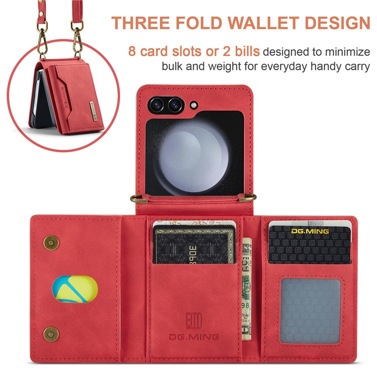 DG.MING M2 Series for Samsung Galaxy Z Flip5 5G  Leather Coated+PC Phone Case Magnetic Kickstand Cover Card Holder - Red