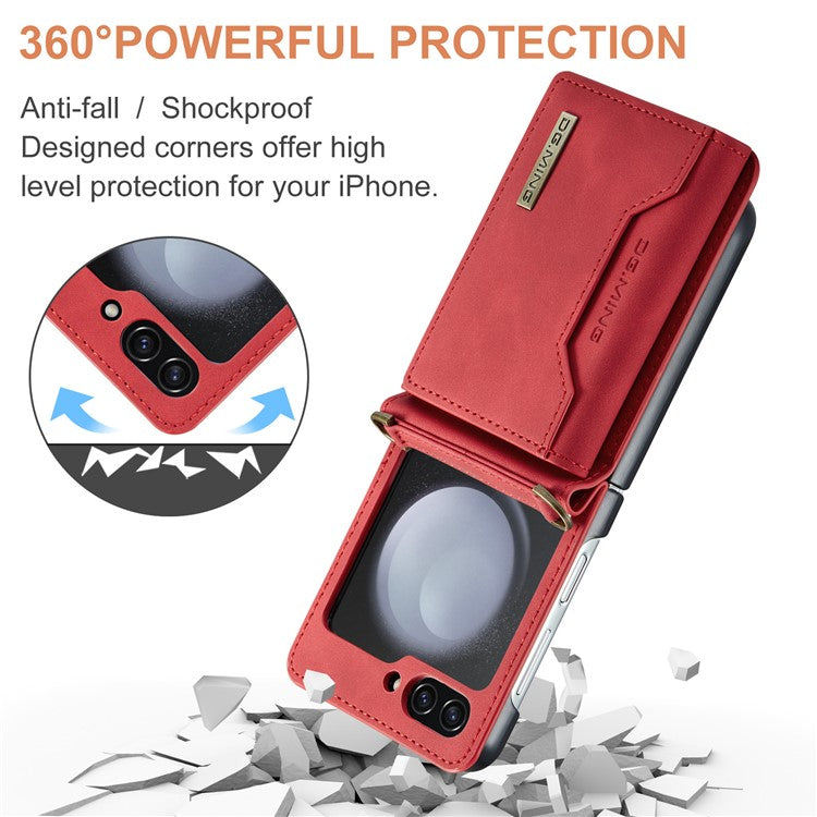 DG.MING M2 Series for Samsung Galaxy Z Flip5 5G  Leather Coated+PC Phone Case Magnetic Kickstand Cover Card Holder - Red