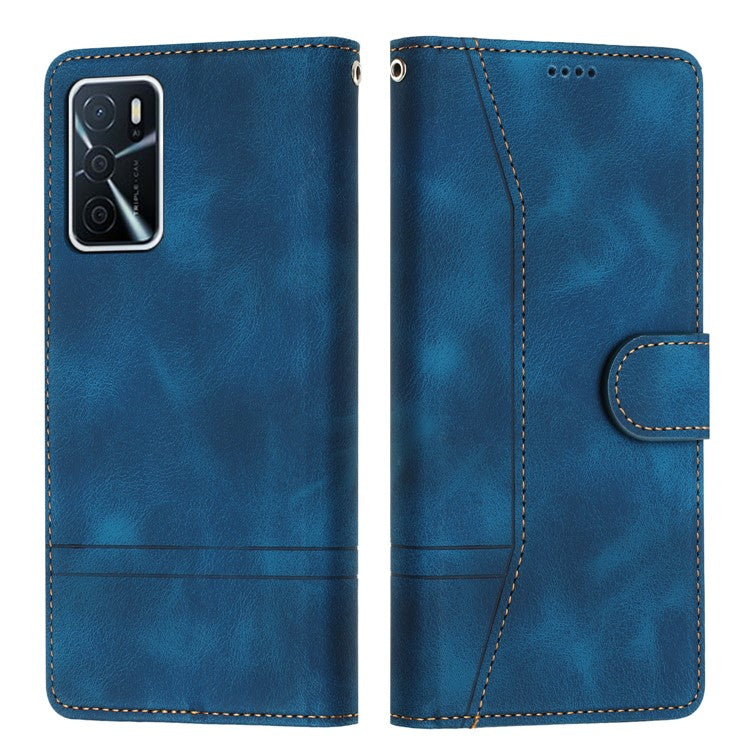L002 For Oppo A16 / A16s / A54s Full Protection Leather Phone Case Lines Imprint Wallet Stand Cover - Blue