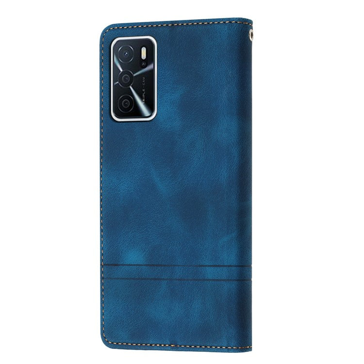 L002 For Oppo A16 / A16s / A54s Full Protection Leather Phone Case Lines Imprint Wallet Stand Cover - Blue