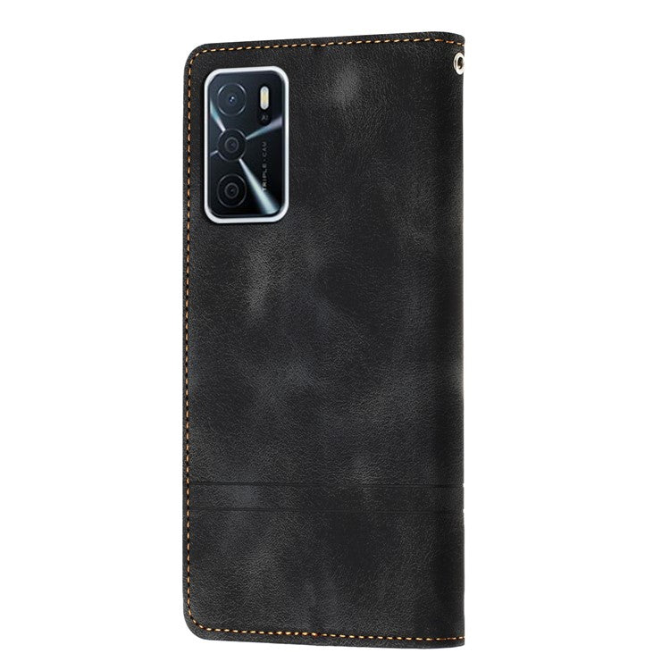 L002 For Oppo A16 / A16s / A54s Full Protection Leather Phone Case Lines Imprint Wallet Stand Cover - Black