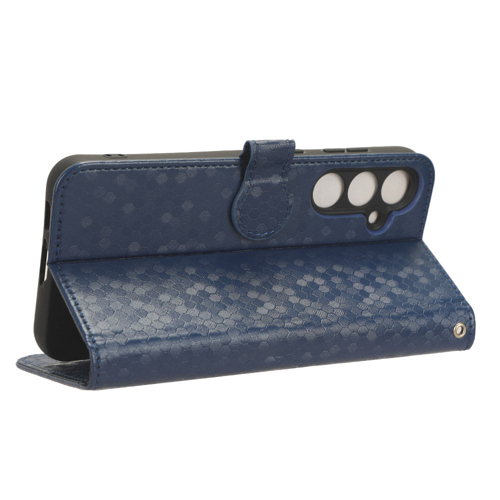 For Samsung Galaxy M34 5G / F34 5G PU Leather Stand Phone Case Dot Imprinted Wallet Cover - Dark Blue