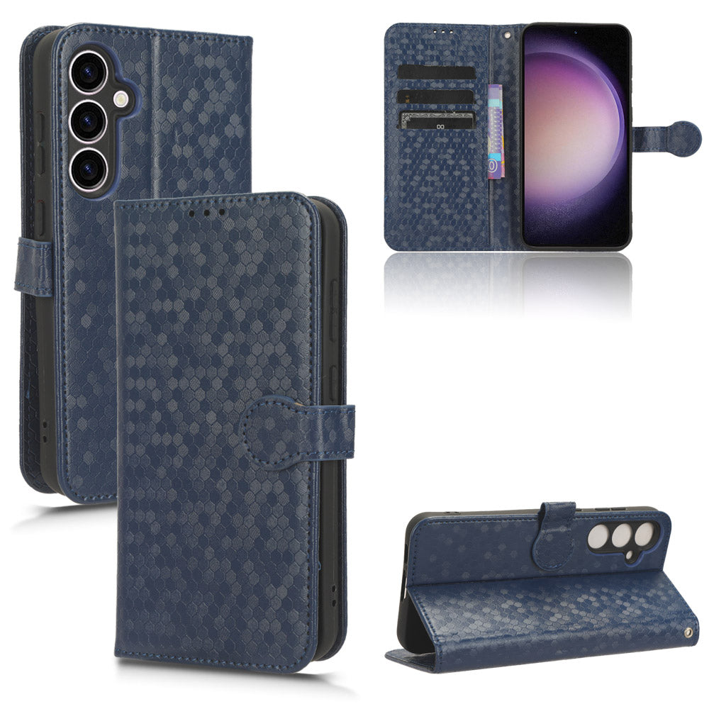 For Samsung Galaxy M34 5G / F34 5G PU Leather Stand Phone Case Dot Imprinted Wallet Cover - Dark Blue