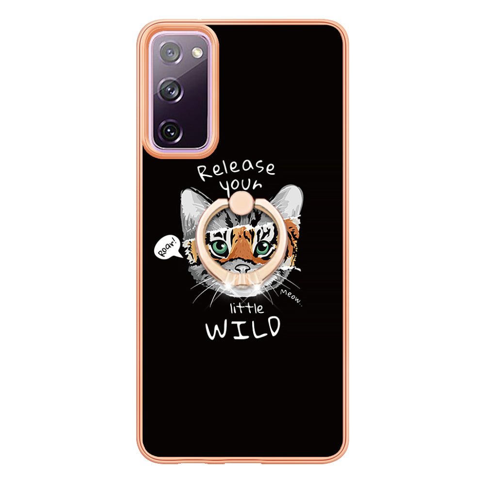 YB IMD Series-20 Style D 2.0mm TPU Soft Shell for Samsung Galaxy S20 FE 4G / FE 5G / S20 Lite / S20 FE 2022 , IMD Kickstand Electroplated Phone Cover - Cat / Tiger