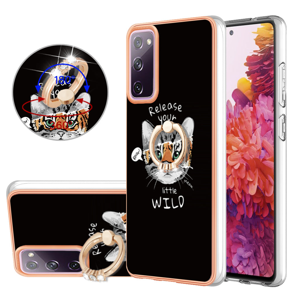 YB IMD Series-20 Style D 2.0mm TPU Soft Shell for Samsung Galaxy S20 FE 4G / FE 5G / S20 Lite / S20 FE 2022 , IMD Kickstand Electroplated Phone Cover - Cat / Tiger