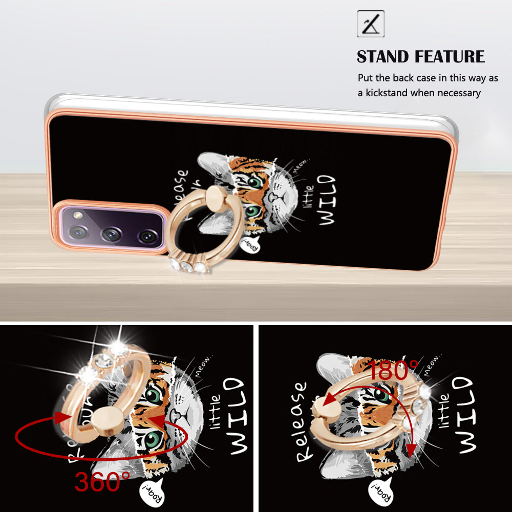 YB IMD Series-20 Style D 2.0mm TPU Soft Shell for Samsung Galaxy S20 FE 4G / FE 5G / S20 Lite / S20 FE 2022 , IMD Kickstand Electroplated Phone Cover - Cat / Tiger