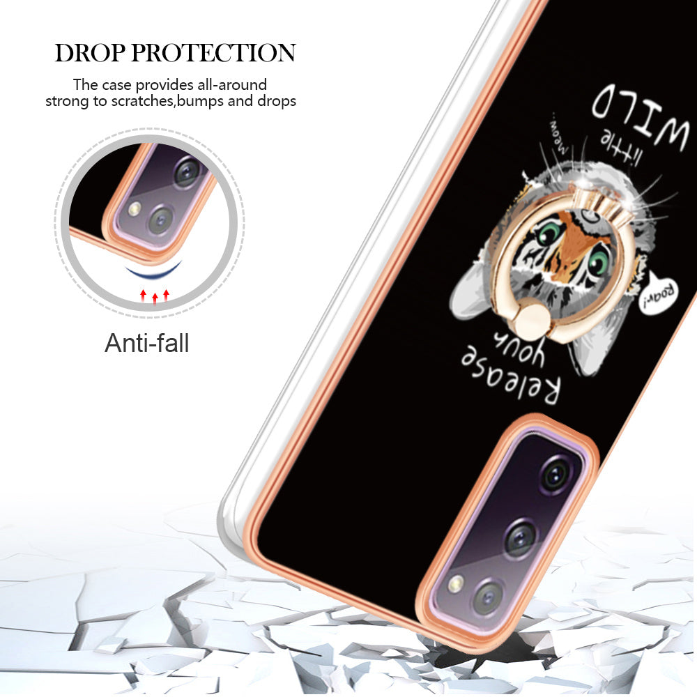YB IMD Series-20 Style D 2.0mm TPU Soft Shell for Samsung Galaxy S20 FE 4G / FE 5G / S20 Lite / S20 FE 2022 , IMD Kickstand Electroplated Phone Cover - Cat / Tiger