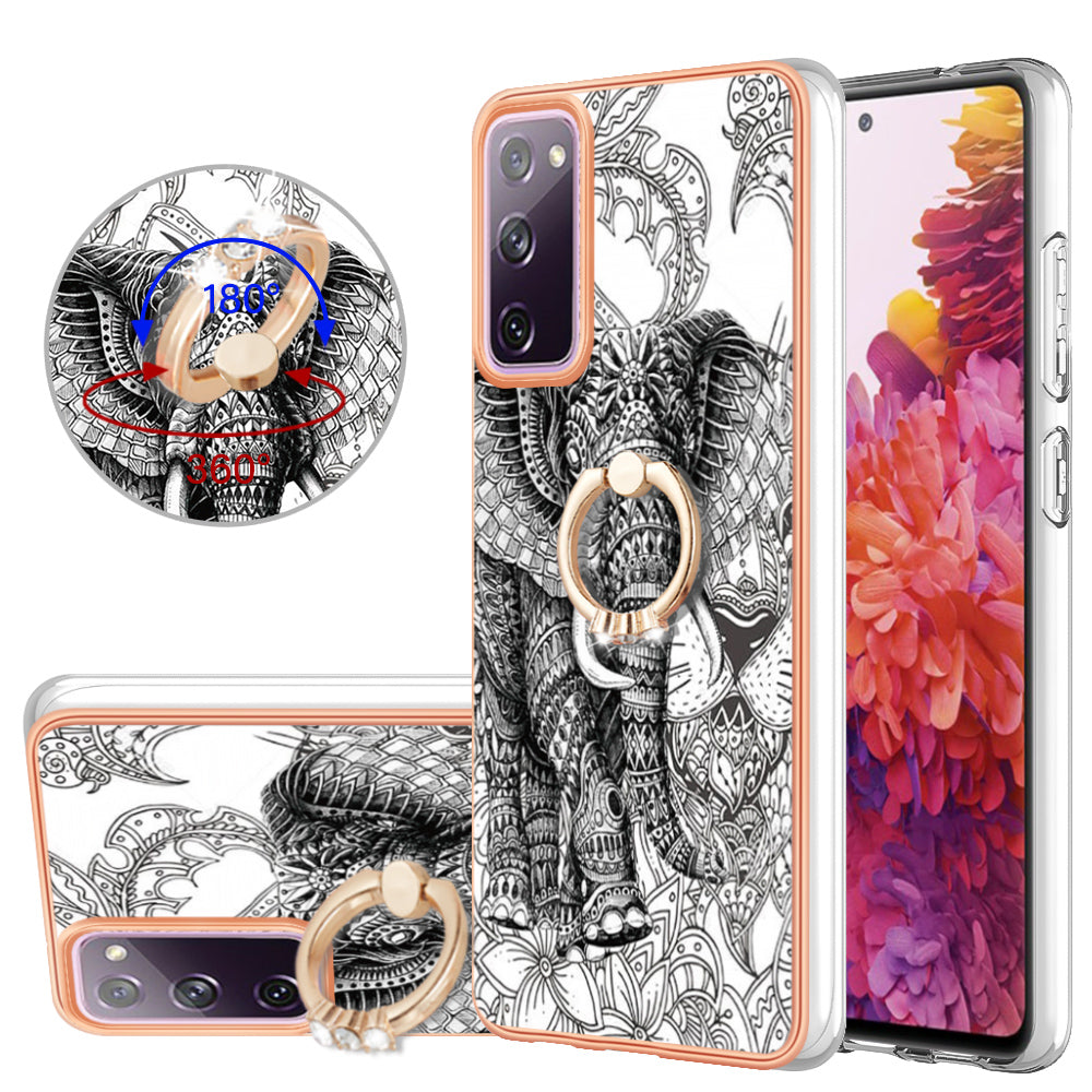 YB IMD Series-20 Style D 2.0mm TPU Soft Shell for Samsung Galaxy S20 FE 4G / FE 5G / S20 Lite / S20 FE 2022 , IMD Kickstand Electroplated Phone Cover - Totem Elephant