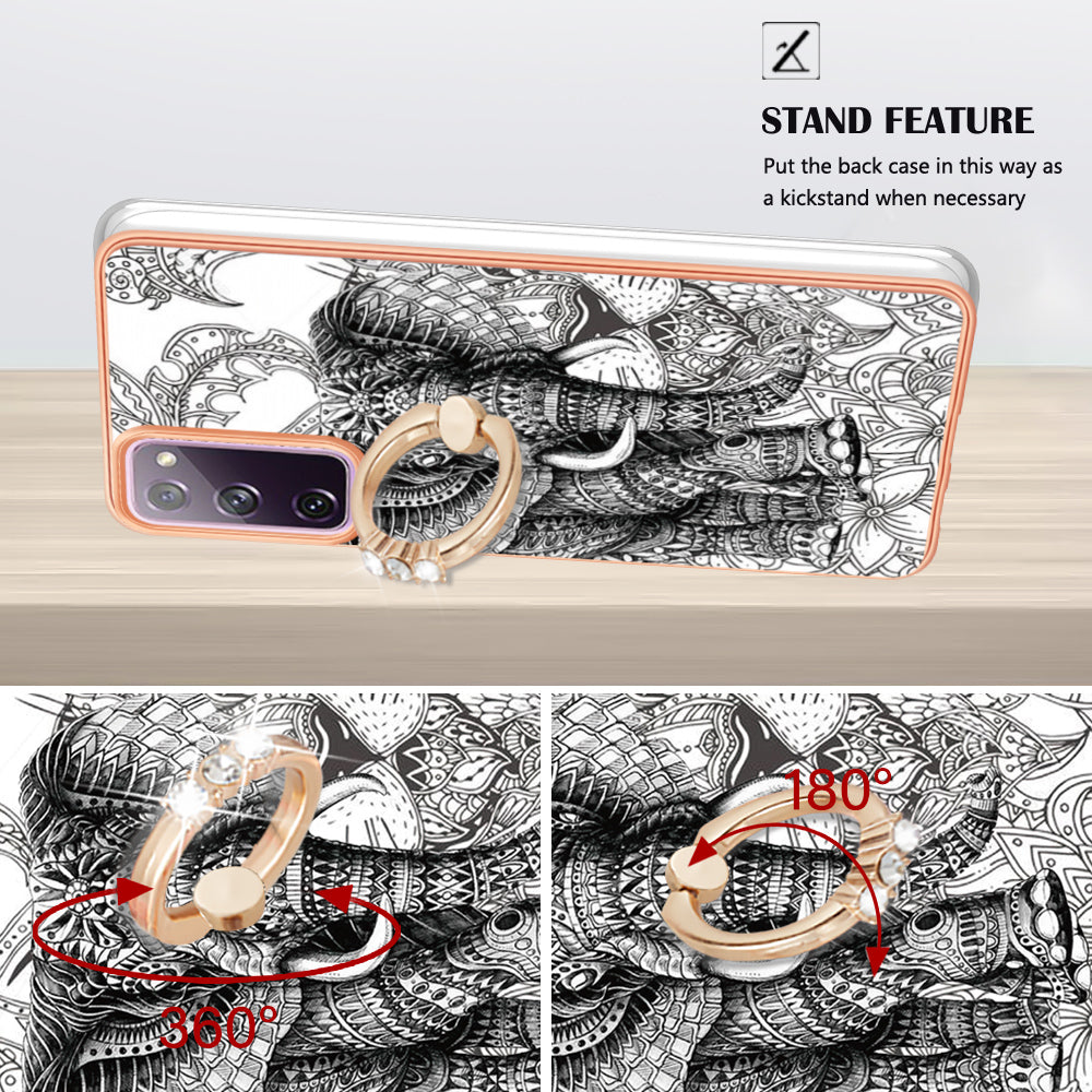 YB IMD Series-20 Style D 2.0mm TPU Soft Shell for Samsung Galaxy S20 FE 4G / FE 5G / S20 Lite / S20 FE 2022 , IMD Kickstand Electroplated Phone Cover - Totem Elephant