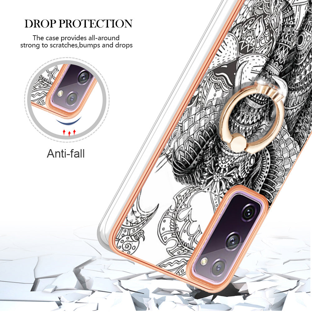 YB IMD Series-20 Style D 2.0mm TPU Soft Shell for Samsung Galaxy S20 FE 4G / FE 5G / S20 Lite / S20 FE 2022 , IMD Kickstand Electroplated Phone Cover - Totem Elephant