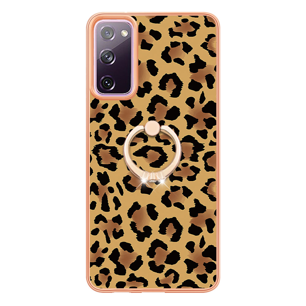 YB IMD Series-20 Style D 2.0mm TPU Soft Shell for Samsung Galaxy S20 FE 4G / FE 5G / S20 Lite / S20 FE 2022 , IMD Kickstand Electroplated Phone Cover - Leopard