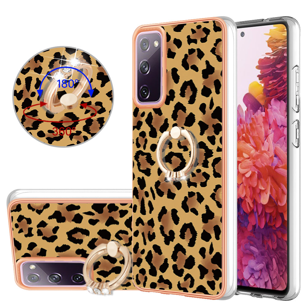 YB IMD Series-20 Style D 2.0mm TPU Soft Shell for Samsung Galaxy S20 FE 4G / FE 5G / S20 Lite / S20 FE 2022 , IMD Kickstand Electroplated Phone Cover - Leopard