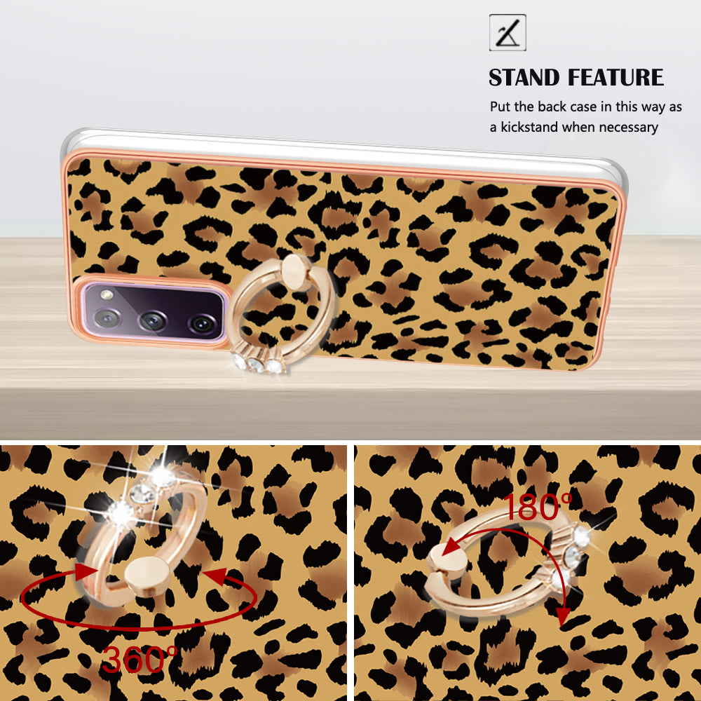 YB IMD Series-20 Style D 2.0mm TPU Soft Shell for Samsung Galaxy S20 FE 4G / FE 5G / S20 Lite / S20 FE 2022 , IMD Kickstand Electroplated Phone Cover - Leopard