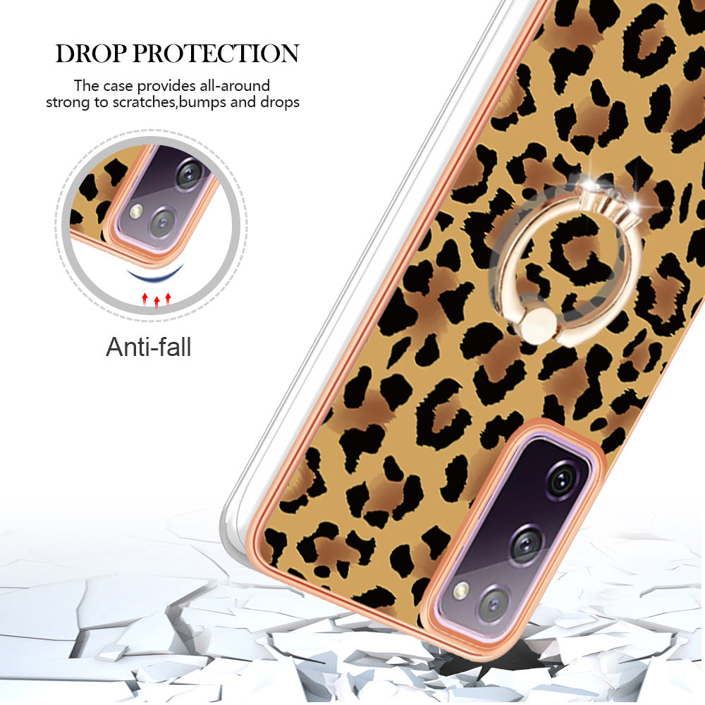 YB IMD Series-20 Style D 2.0mm TPU Soft Shell for Samsung Galaxy S20 FE 4G / FE 5G / S20 Lite / S20 FE 2022 , IMD Kickstand Electroplated Phone Cover - Leopard