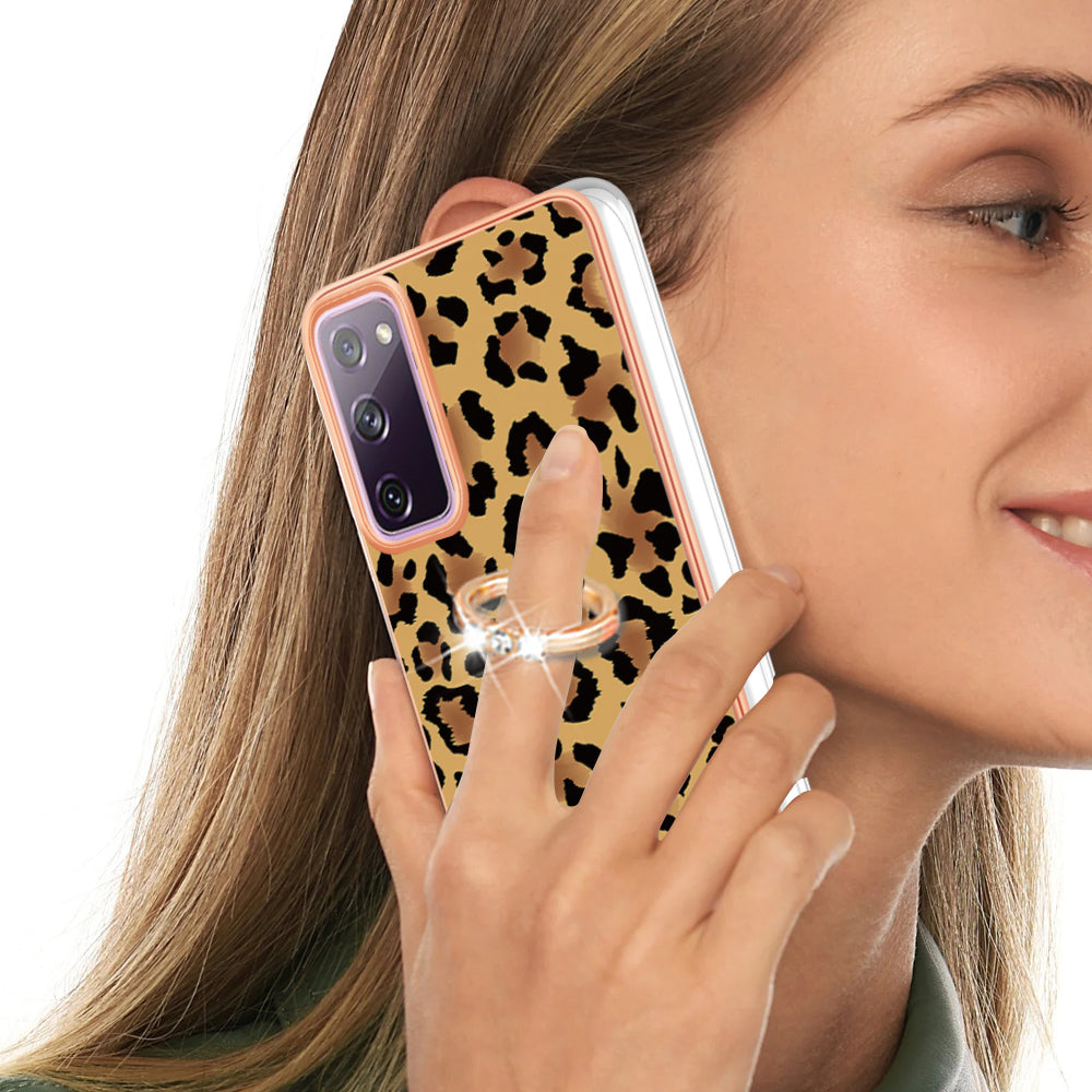 YB IMD Series-20 Style D 2.0mm TPU Soft Shell for Samsung Galaxy S20 FE 4G / FE 5G / S20 Lite / S20 FE 2022 , IMD Kickstand Electroplated Phone Cover - Leopard