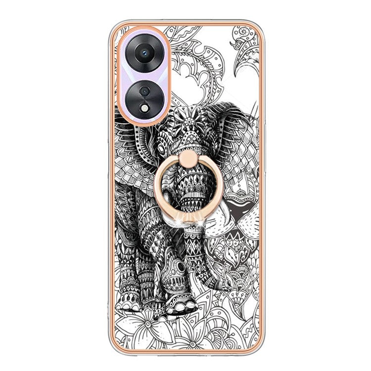 YB IMD Series-20 Style D For Oppo A58 5G / A78 5G Electroplated Phone Case Ring Kickstand 2.0mm TPU IMD Cover - Totem Elephant