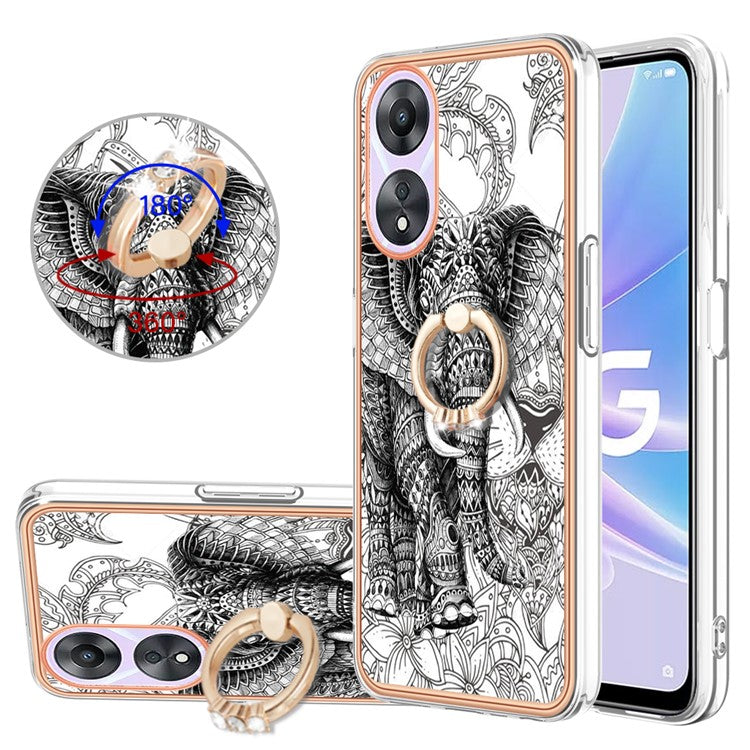 YB IMD Series-20 Style D For Oppo A58 5G / A78 5G Electroplated Phone Case Ring Kickstand 2.0mm TPU IMD Cover - Totem Elephant
