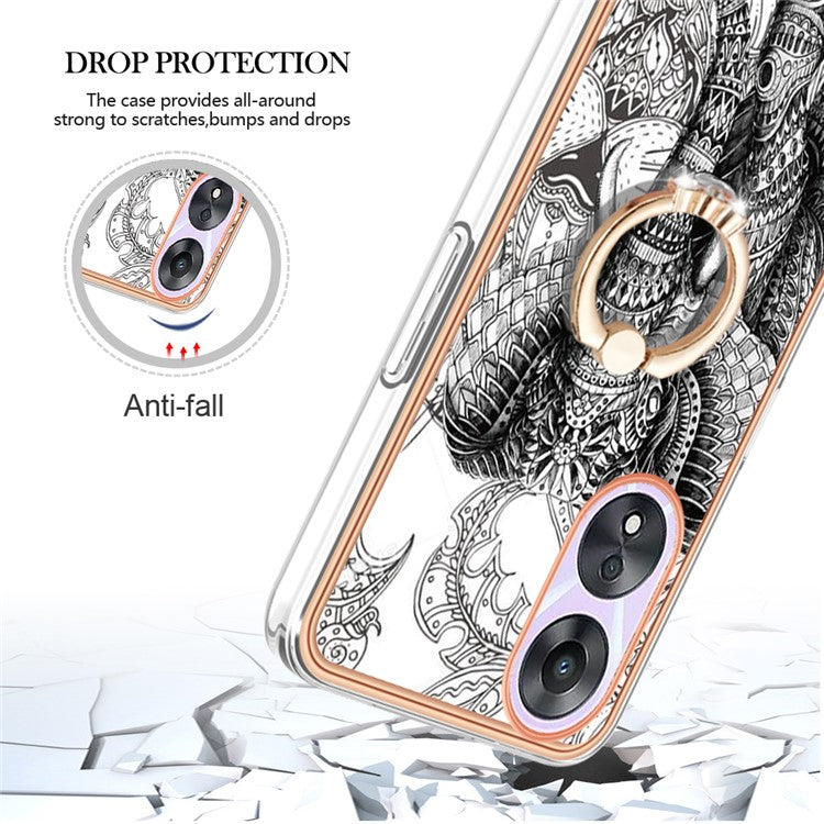 YB IMD Series-20 Style D For Oppo A58 5G / A78 5G Electroplated Phone Case Ring Kickstand 2.0mm TPU IMD Cover - Totem Elephant
