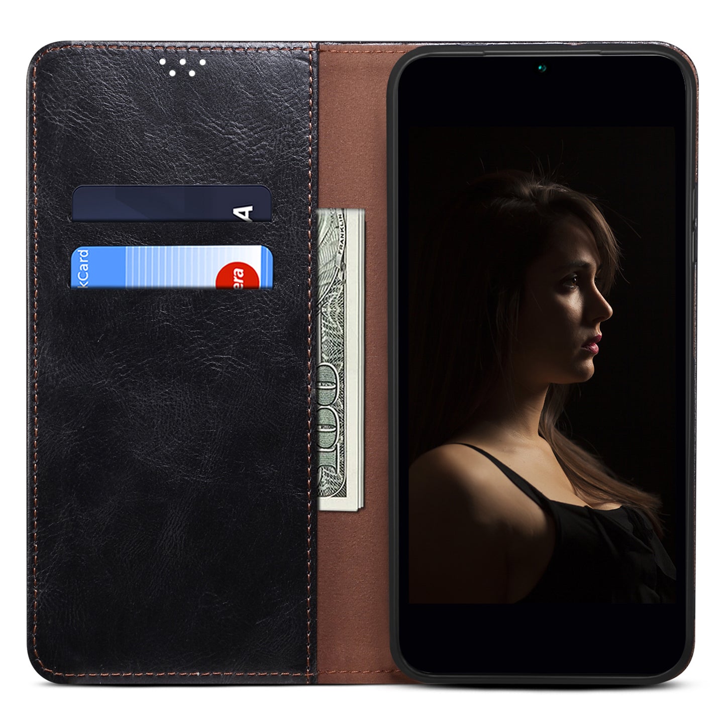 For Samsung Galaxy M34 5G / F34 5G Stand Wallet Case Waxy Crazy Horse Texture PU Leather Phone Shell Cover - Black