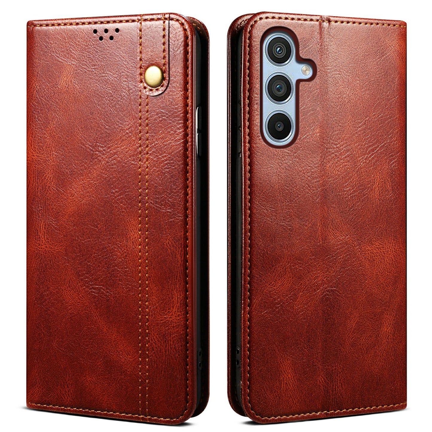 For Samsung Galaxy M34 5G / F34 5G Stand Wallet Case Waxy Crazy Horse Texture PU Leather Phone Shell Cover - Brown