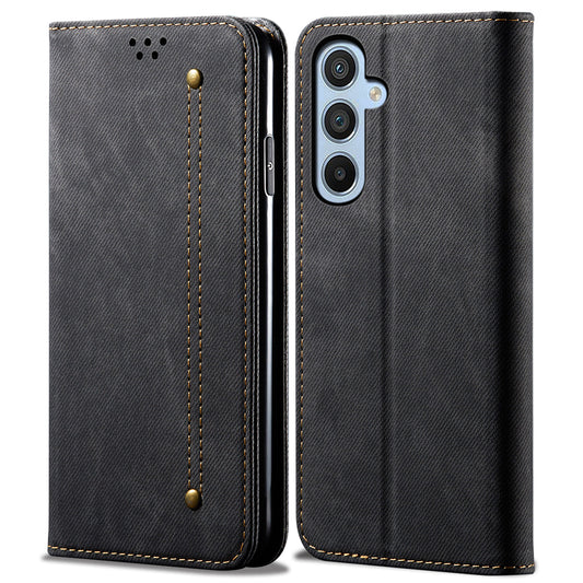 For Samsung Galaxy M34 5G / F34 5G Jeans Cloth Texture Phone Stand Cover Wallet Phone Case PU Leather Shell - Black