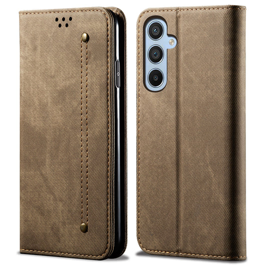 For Samsung Galaxy M34 5G / F34 5G Jeans Cloth Texture Phone Stand Cover Wallet Phone Case PU Leather Shell - Khaki