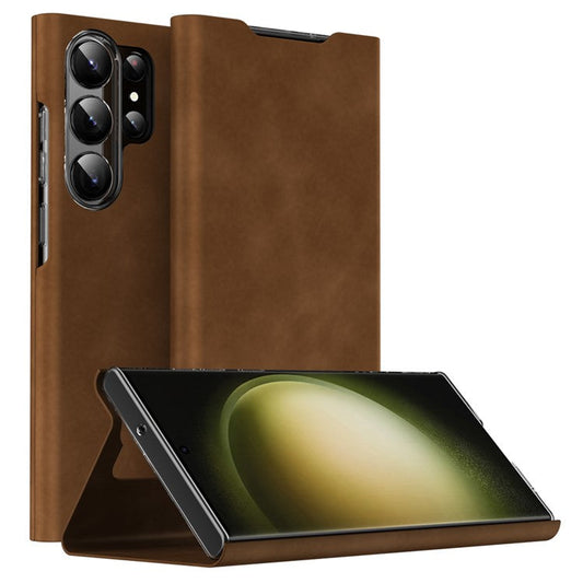For Samsung Galaxy S23 Ultra Card Holder PU Leather + PC Phone Case Nappa Texture Stand Cover - Brown