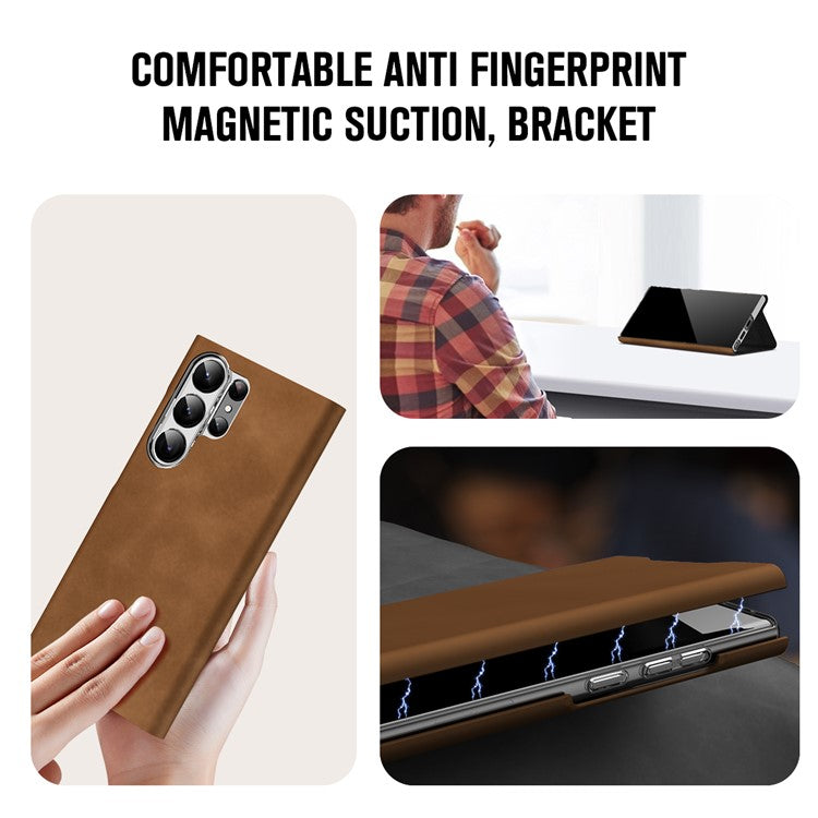For Samsung Galaxy S23 Ultra Card Holder PU Leather + PC Phone Case Nappa Texture Stand Cover - Brown