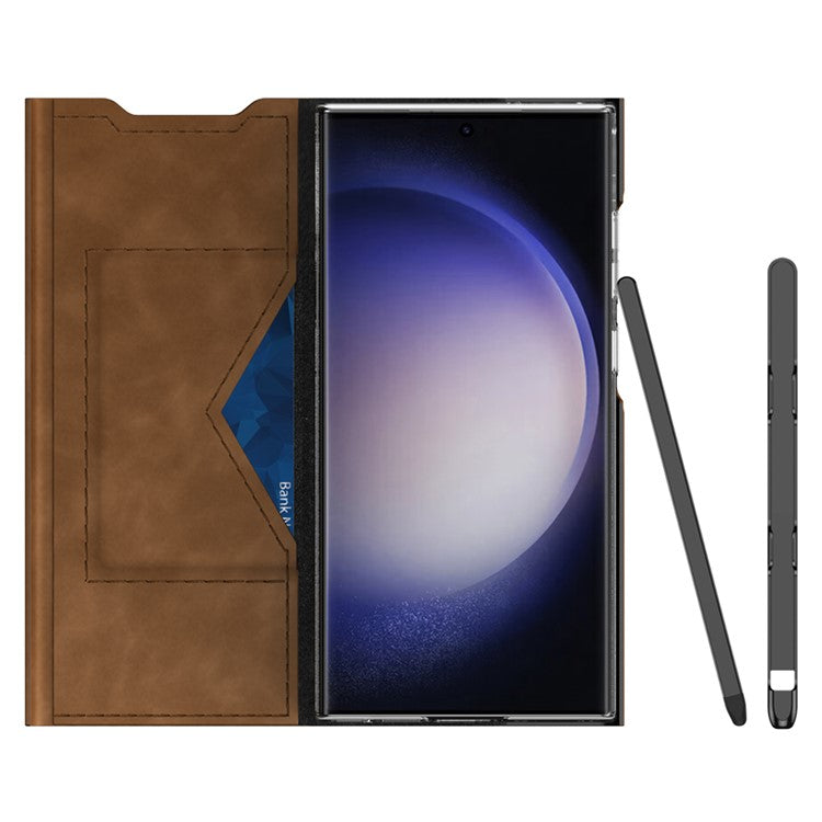 For Samsung Galaxy S23 Ultra Card Holder PU Leather + PC Phone Case Nappa Texture Stand Cover - Brown