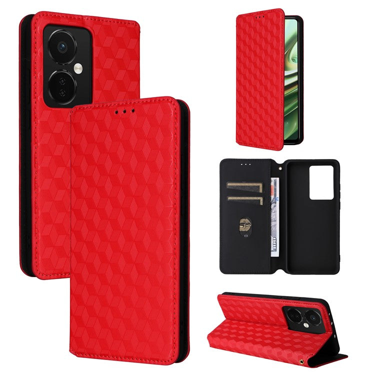 For Oppo K11 5G / OnePlus Nord CE3 5G Imprinted Rhombus Wallet Phone Case Dustproof PU Leather Stand Cover - Red