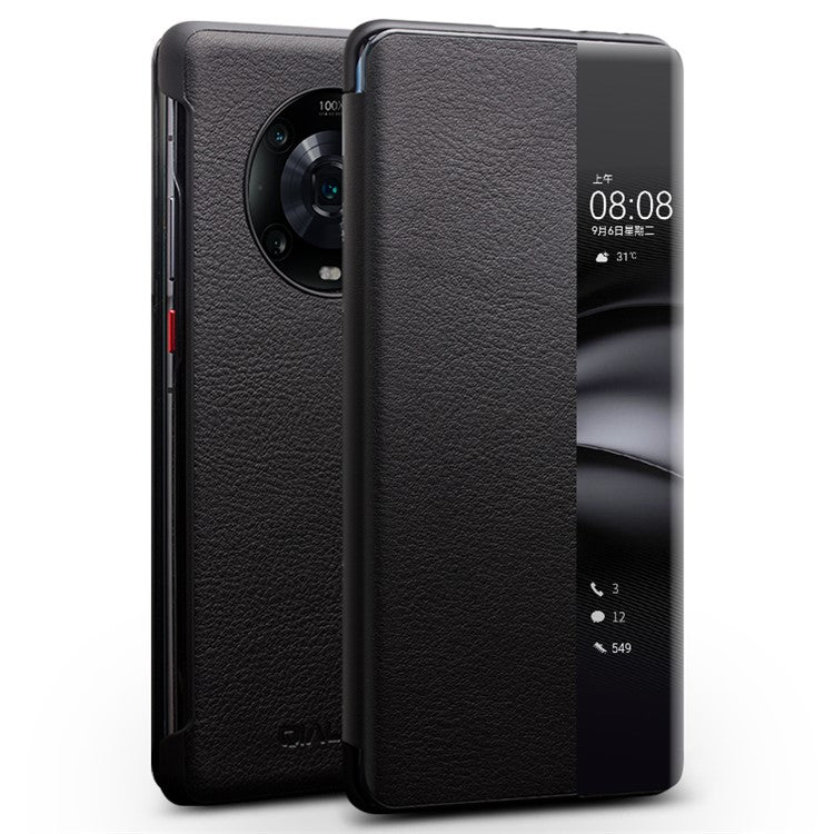 QIALINO for Honor Magic4 Pro 5G Genuine Cow Leather PC Phone Cover View Window Folio Flip Case - Black