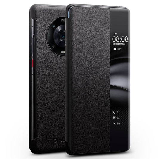 QIALINO for Honor Magic4 Pro 5G Genuine Cow Leather PC Phone Cover View Window Folio Flip Case - Black
