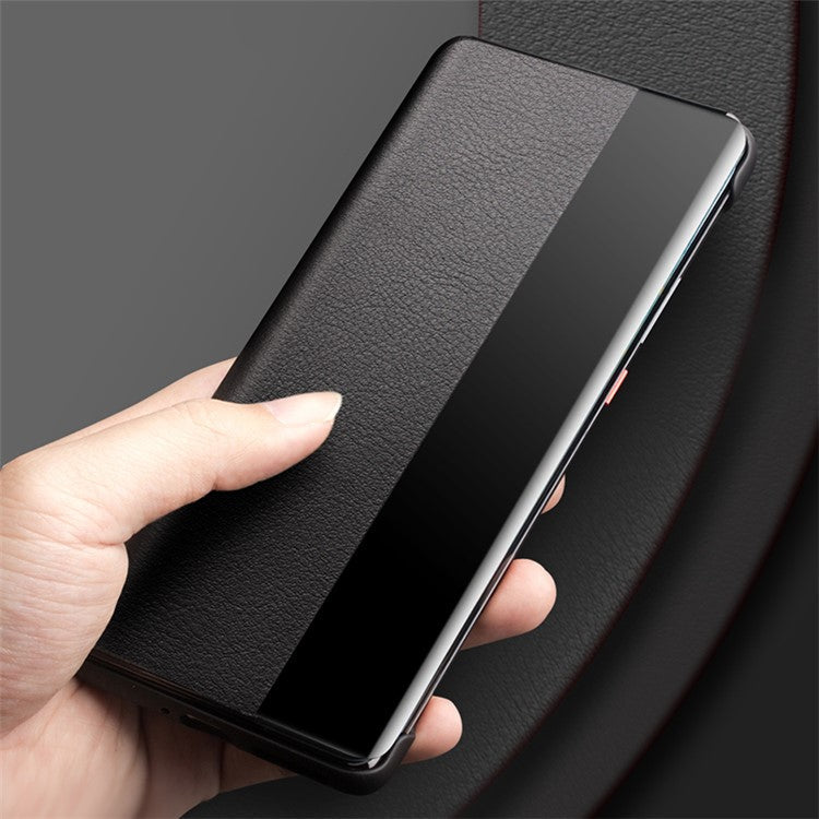 QIALINO for Honor Magic4 Pro 5G Genuine Cow Leather PC Phone Cover View Window Folio Flip Case - Black