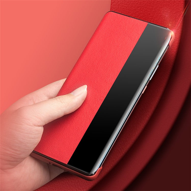 QIALINO for Honor Magic4 Pro 5G Genuine Cow Leather PC Phone Cover View Window Folio Flip Case - Red