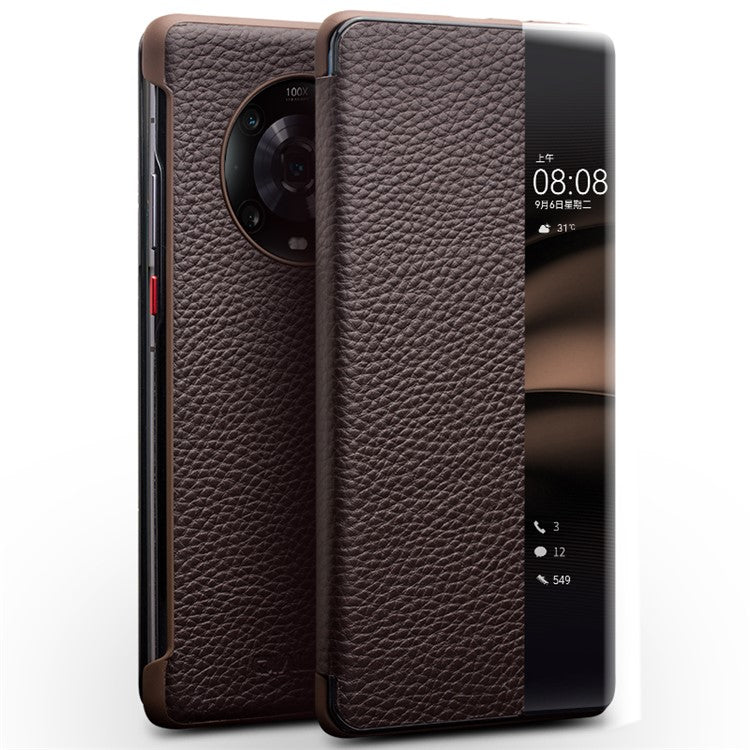 QIALINO for Honor Magic4 Pro 5G Genuine Cow Leather PC Phone Cover View Window Folio Flip Case - Dark Brown