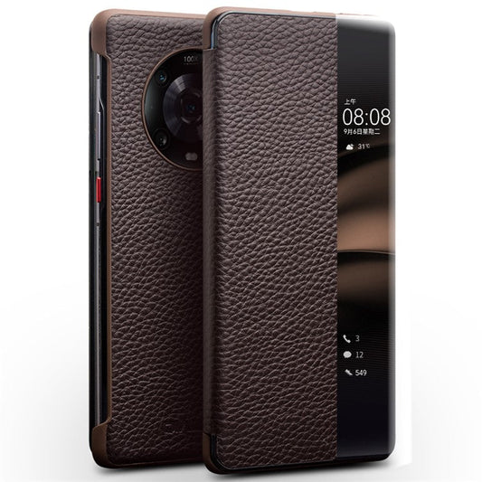 QIALINO for Honor Magic4 Pro 5G Genuine Cow Leather PC Phone Cover View Window Folio Flip Case - Dark Brown