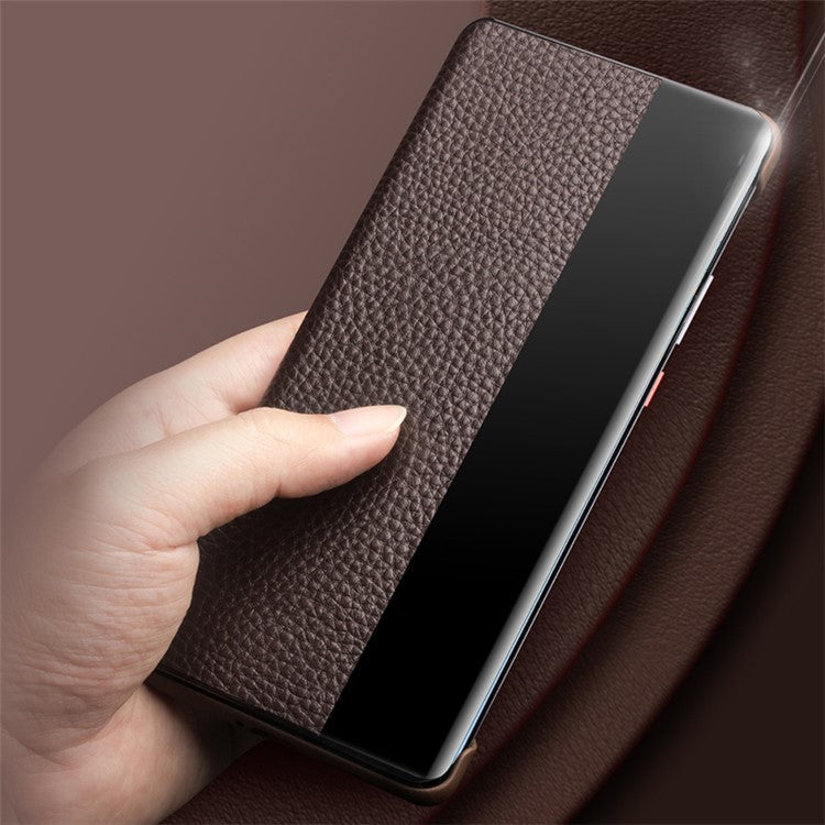 QIALINO for Honor Magic4 Pro 5G Genuine Cow Leather PC Phone Cover View Window Folio Flip Case - Dark Brown