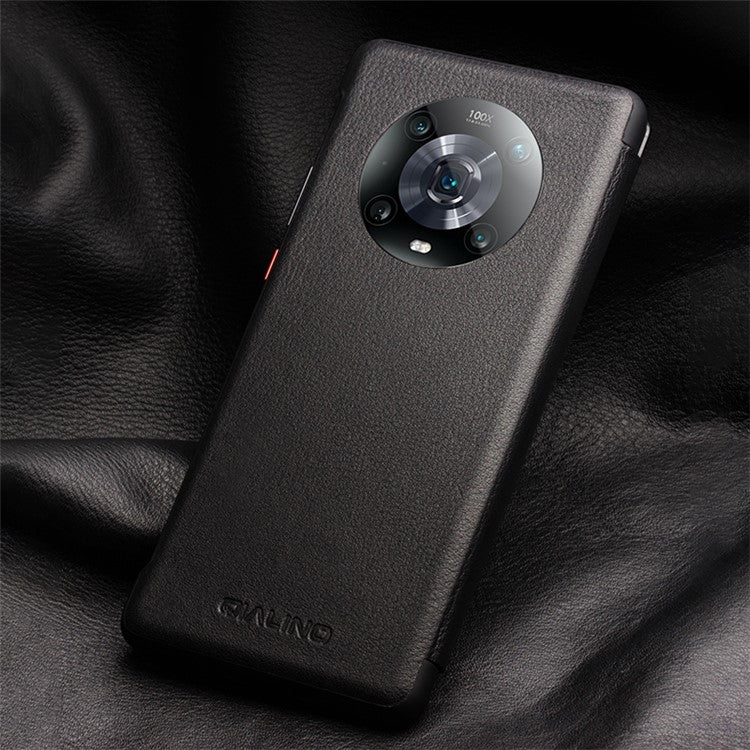 QIALINO for Honor Magic4 Pro 5G Genuine Cow Leather PC Phone Cover View Window Folio Flip Case - Dark Brown