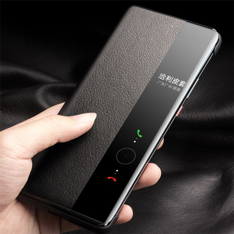 QIALINO for Honor Magic4 Pro 5G Genuine Cow Leather PC Phone Cover View Window Folio Flip Case - Dark Brown