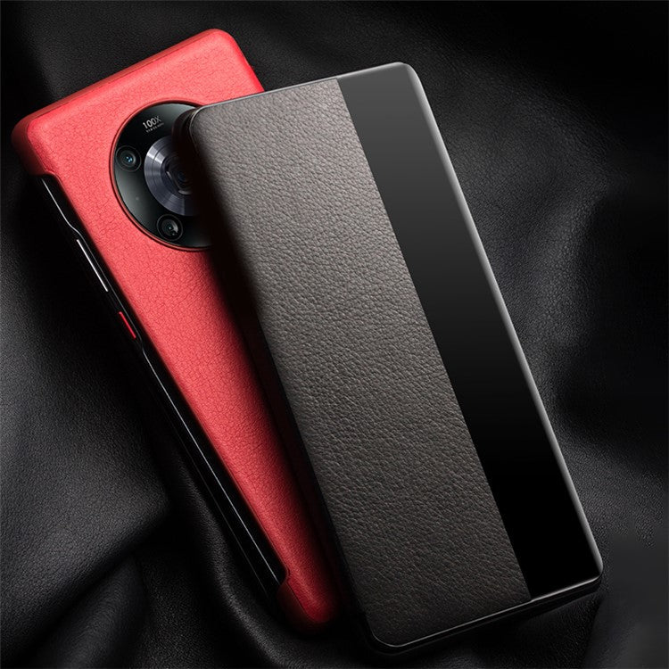 QIALINO for Honor Magic4 Pro 5G Genuine Cow Leather PC Phone Cover View Window Folio Flip Case - Dark Brown